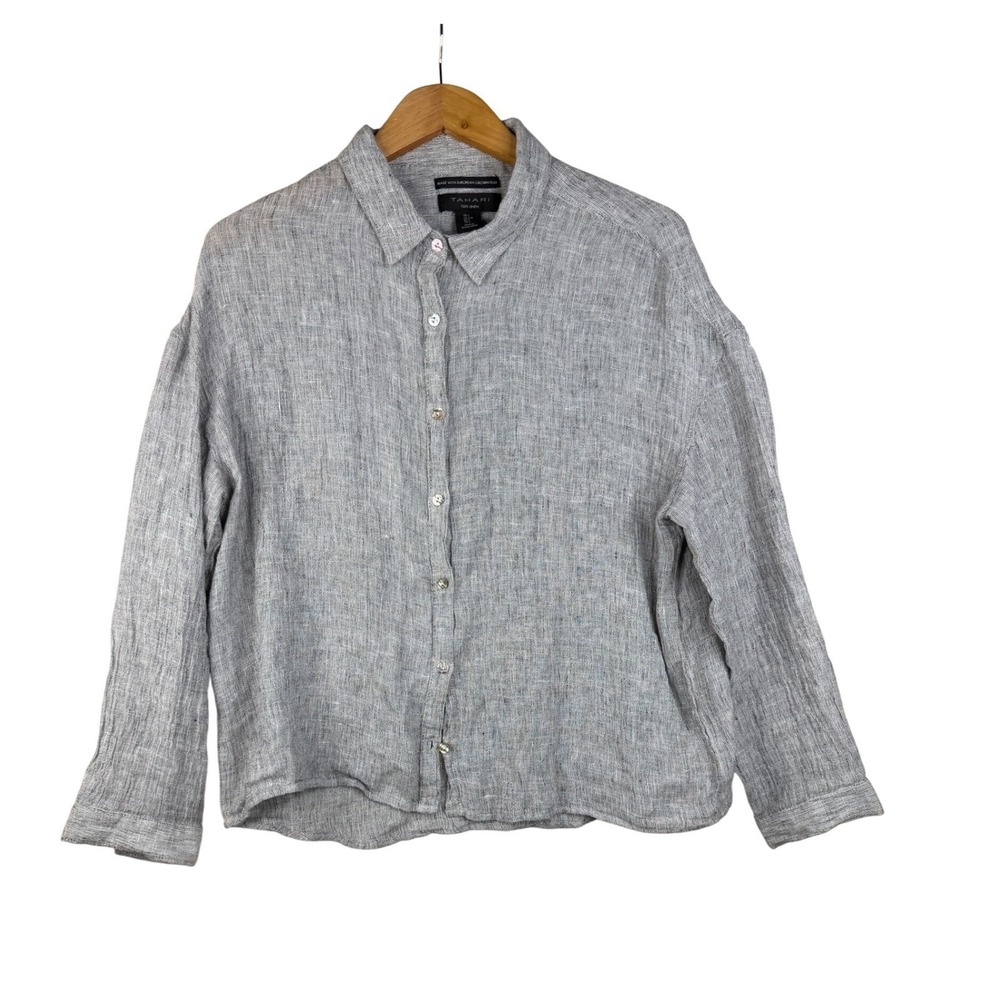 TAHARI Women's Woven 100% Linen Collared Button Down Shirt Top Size L Gray